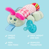 Feature callouts for the Caterpillar plush soother