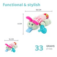 Size of the Caterpillar plush soother, 18 by 16 by 6 centimetres
