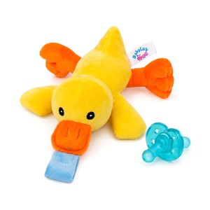 BabyLUV Duck plush soother with detachable BPA free medical grade silicone pacifier on a white background. Machine washable, for newborns 0+ months.