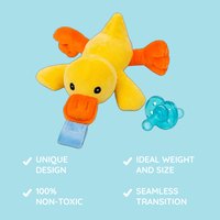 Feature callouts for the Duck plush soother