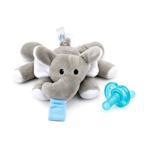 BabyLUV Elephant plush soother with detachable BPA free medical grade silicone pacifier on a white background. Machine washable, for newborns 0+ months.