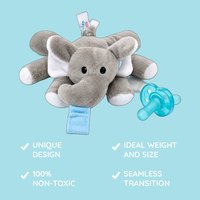 Feature callouts for the Elephant plush soother