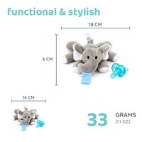 Size of the Elephant plush soother, 18 by 16 by 6 centimetres