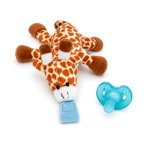BabyLUV Giraffe plush soother with detachable BPA free medical grade silicone pacifier on a white background. Machine washable, for newborns 0+ months.