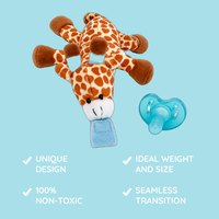 Feature callouts for the Giraffe plush soother