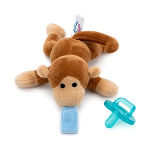 BabyLUV Monkey plush soother with detachable BPA free medical grade silicone pacifier on a white background. Machine washable, for newborns 0+ months.