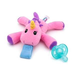 BabyLUV Unicorn plush soother with detachable BPA free medical grade silicone pacifier on a white background. Machine washable, for newborns 0+ months.