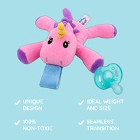 Feature callouts for the Unicorn plush soother