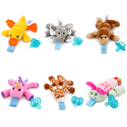 All six BabyLUV plush soothers with detachable pacifiers