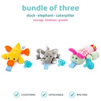 BabyLUV trio of three plush soothers: Duck, Elephant, Caterpillar