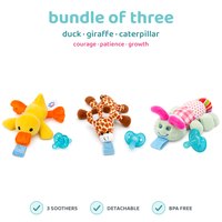 BabyLUV trio of three plush soothers: Duck, Giraffe, Caterpillar