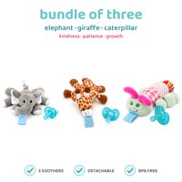 BabyLUV trio of three plush soothers: Elephant, Giraffe, Caterpillar