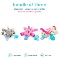 BabyLUV trio of three plush soothers: Elephant, Unicorn, Caterpillar