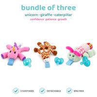 BabyLUV trio of three plush soothers: Unicorn, Giraffe, Caterpillar